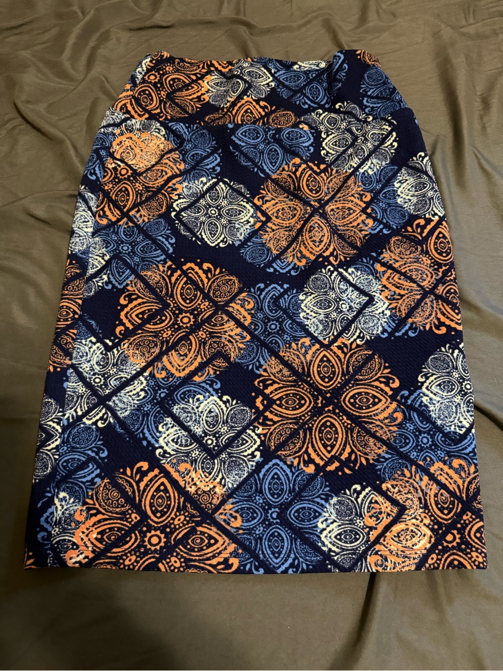 LuLaRoe Cassie pencil skirt Navy with Orange & White Paisley Print